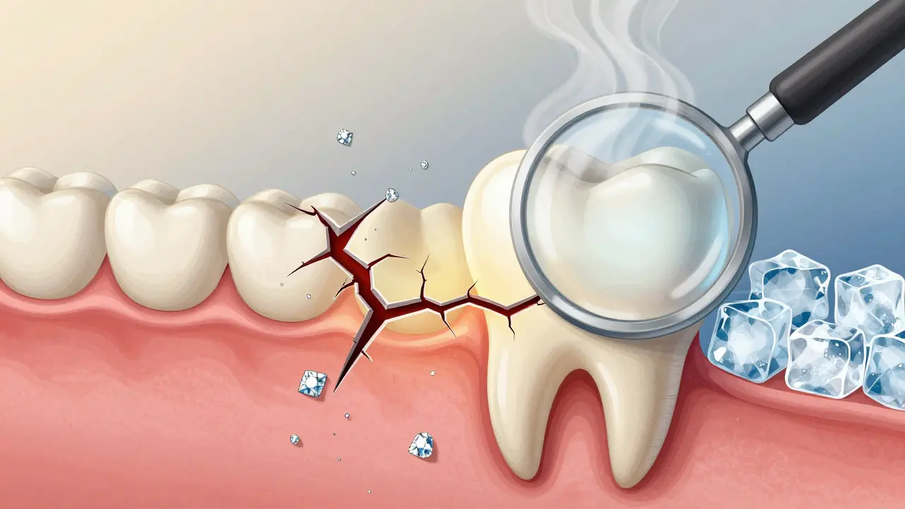 Zvětšený pohled na zub s prasklinou způsobenou teplotními výkyvy mezi horkou polévkou a ledem.