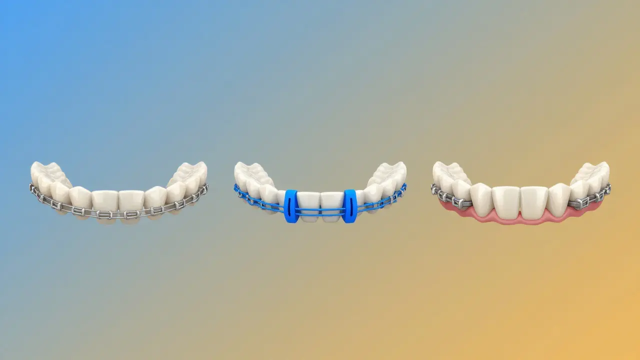 Časová řada ukazující postupné zarovnání zubů pomocí gumiček během šesti měsíců.