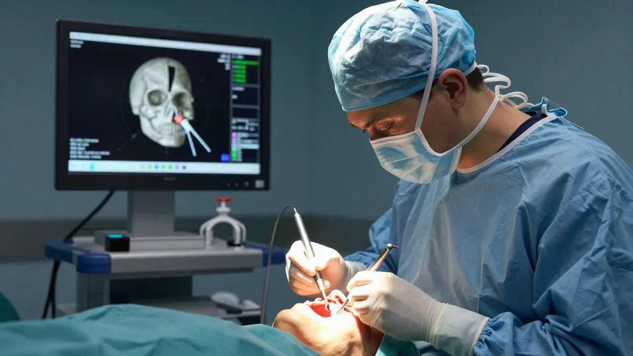 Chirurg provádí minimálně invazivní operaci čelisti přes ústní dutinu.