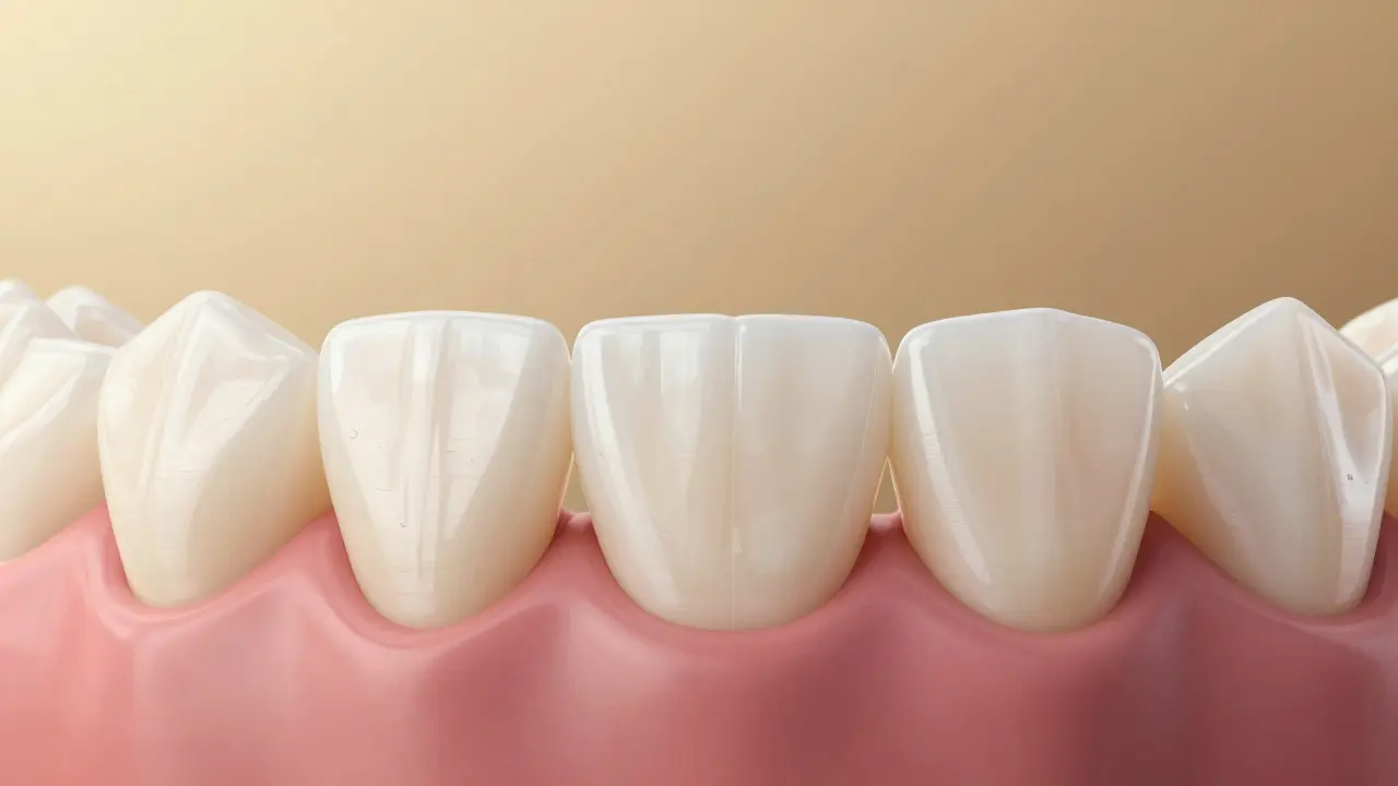 Close-up of natural teeth with translucent porcelain veneers blending seamlessly.