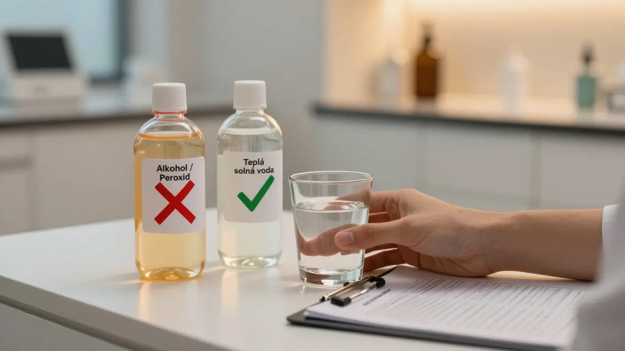 Dvě láhve: jedna s křížkem označená jako nebezpečná, druhá s kontrolkou jako bezpečná solná voda.