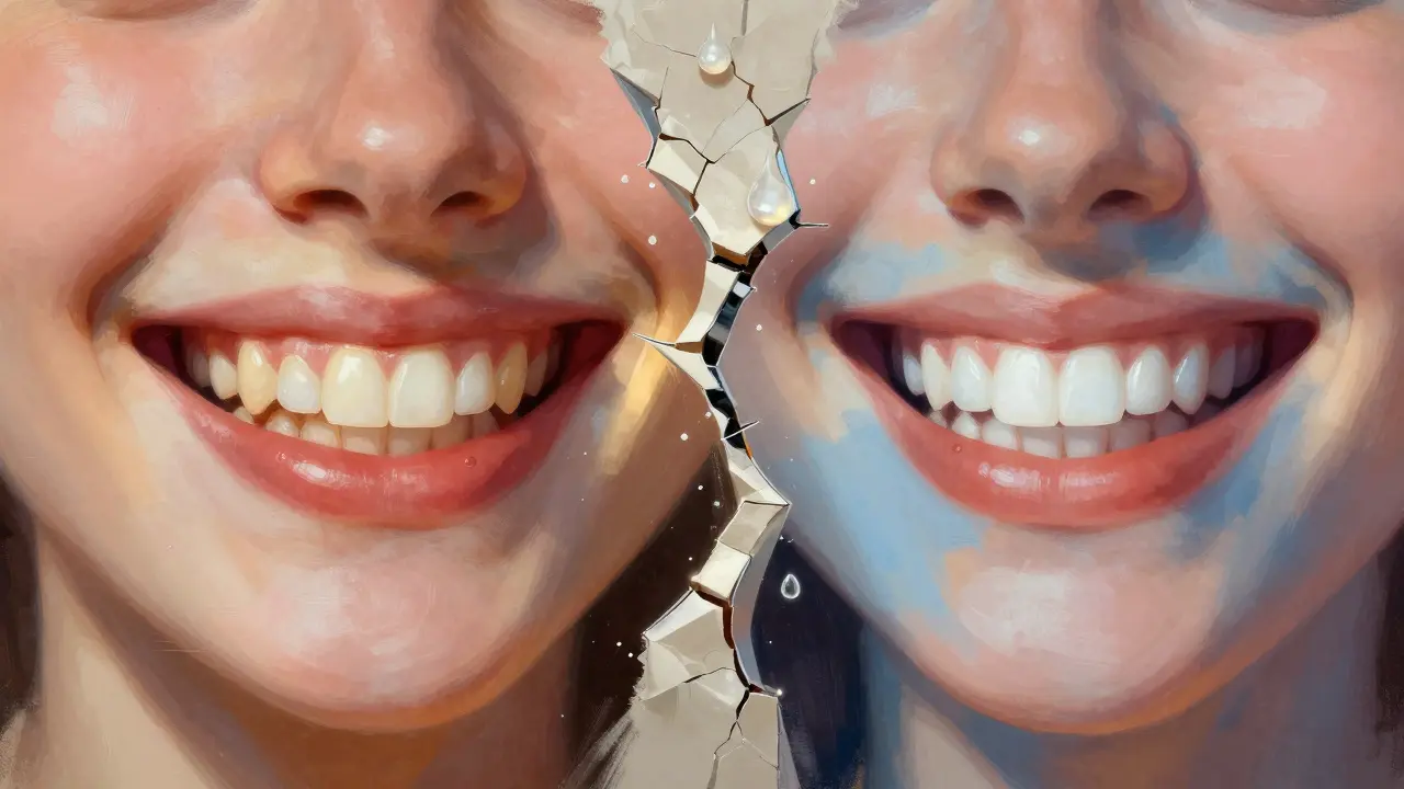 Dvě protikladné úsměvy: jedna s tmavými skvrnami, druhá s rovnoměrně zbělenými zuby.