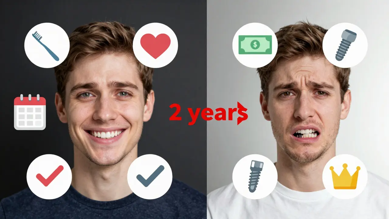 Dvě strany jednoho člověka: zdravé zuby vlevo, poškozené zuby vpravo, symbolizující důsledky zanedbání bezplatného čištění.