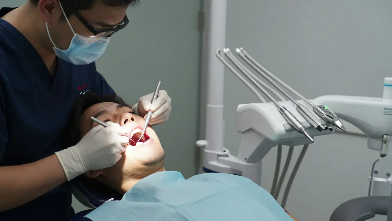 Dvojitá scéna: zubní pohotovost v nemocnici na levé straně a kompletní zubní léčba v soukromé klinice na pravé.