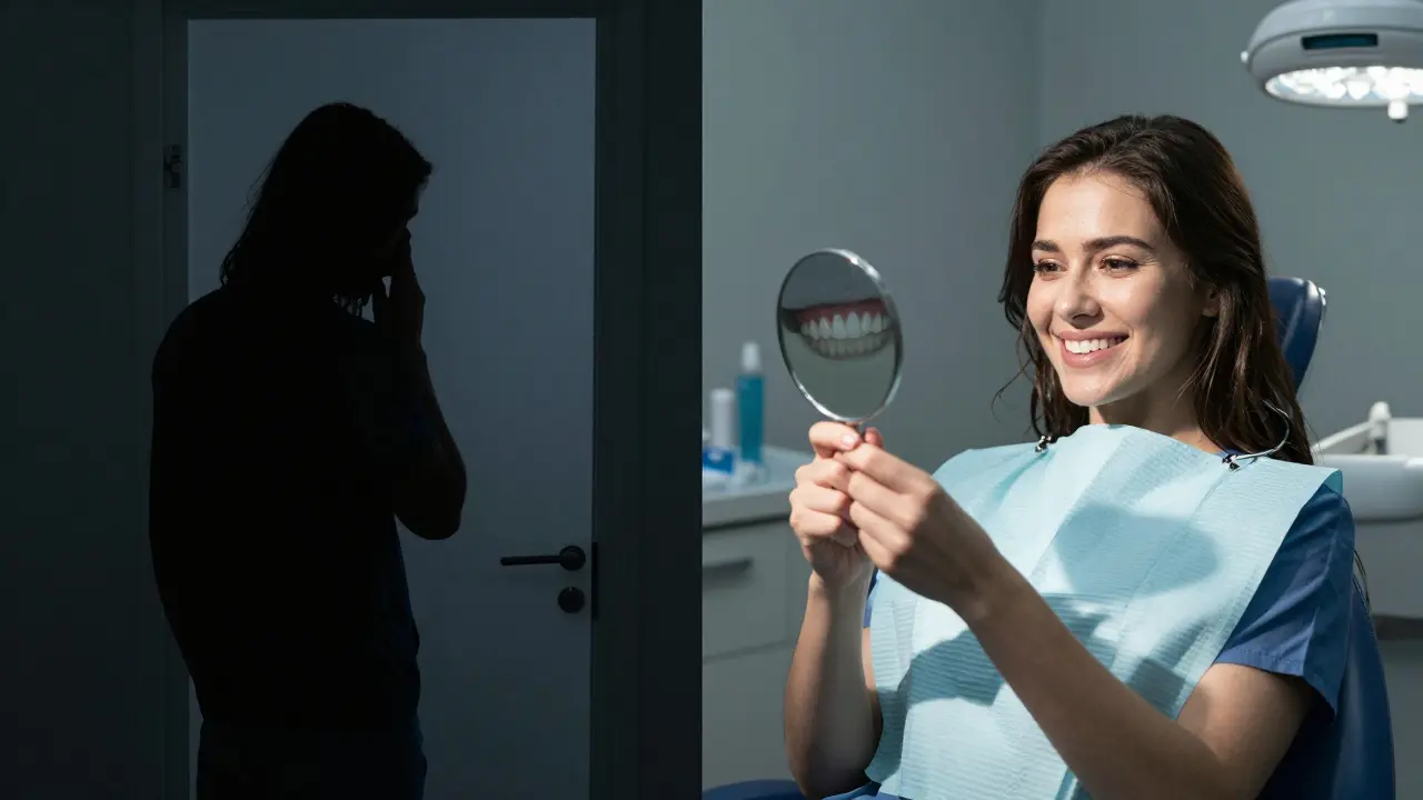 Dvojité zobrazení: strach před klinikou vlevo, důvěra a klid uvnitř vpravo.