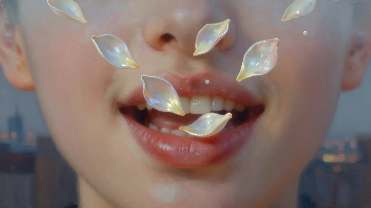 Floating porcelain veneer shards above smiling lips, glowing with soft light.