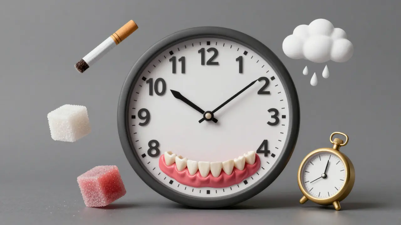 Hodiny s zuby místo čísel, symbolizující postupující paradontozu s rizikovými faktory.