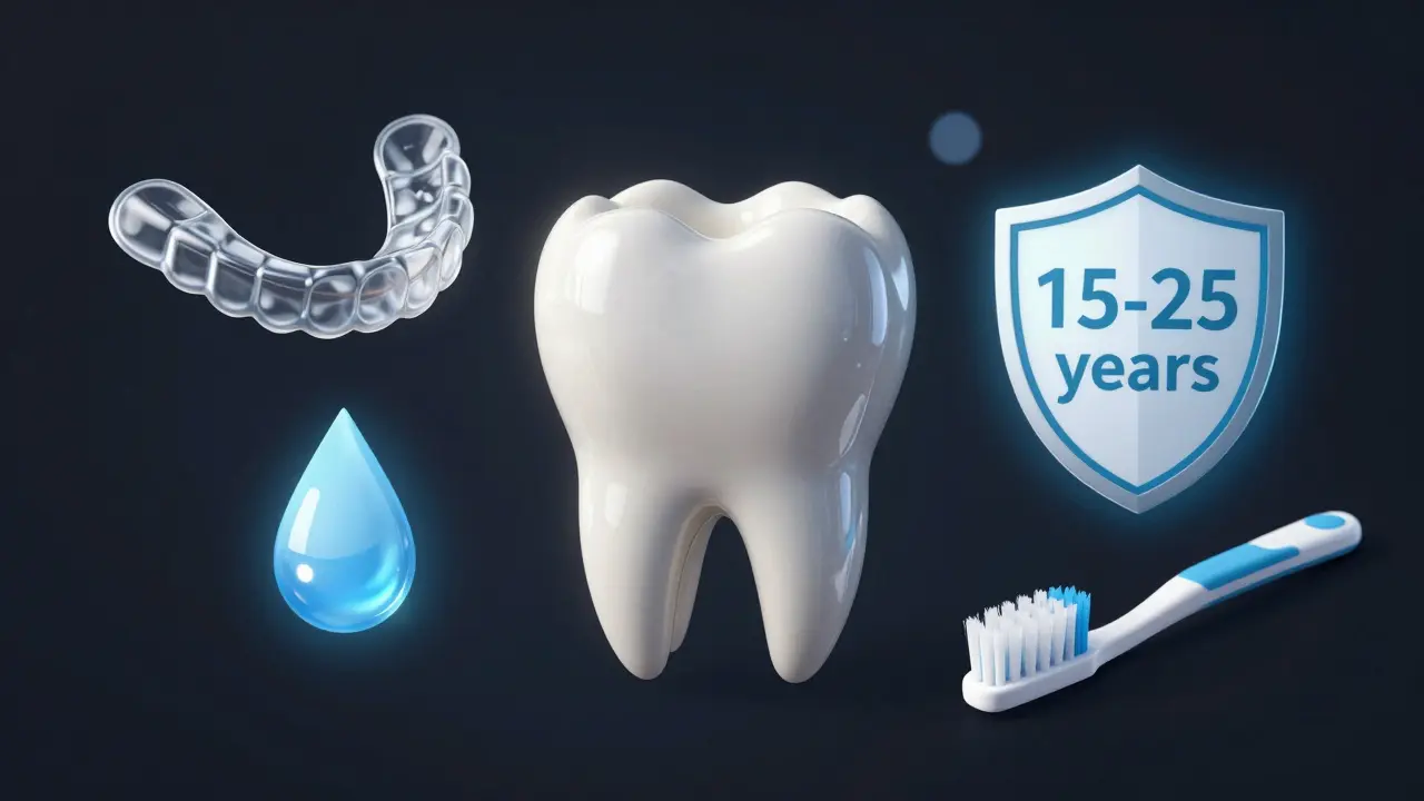 Keramická fazeta s ochrannými symboly reprezentujícími dlouhodobou trvanlivost.