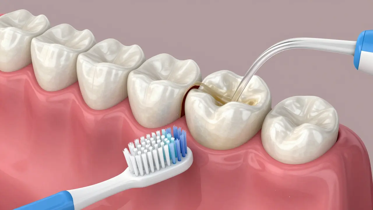 Keramická korunka s náležitým plakem na okraji a zánětem dásní, s jemným kartáčkem a mezi zubním kartáčkem vedle.