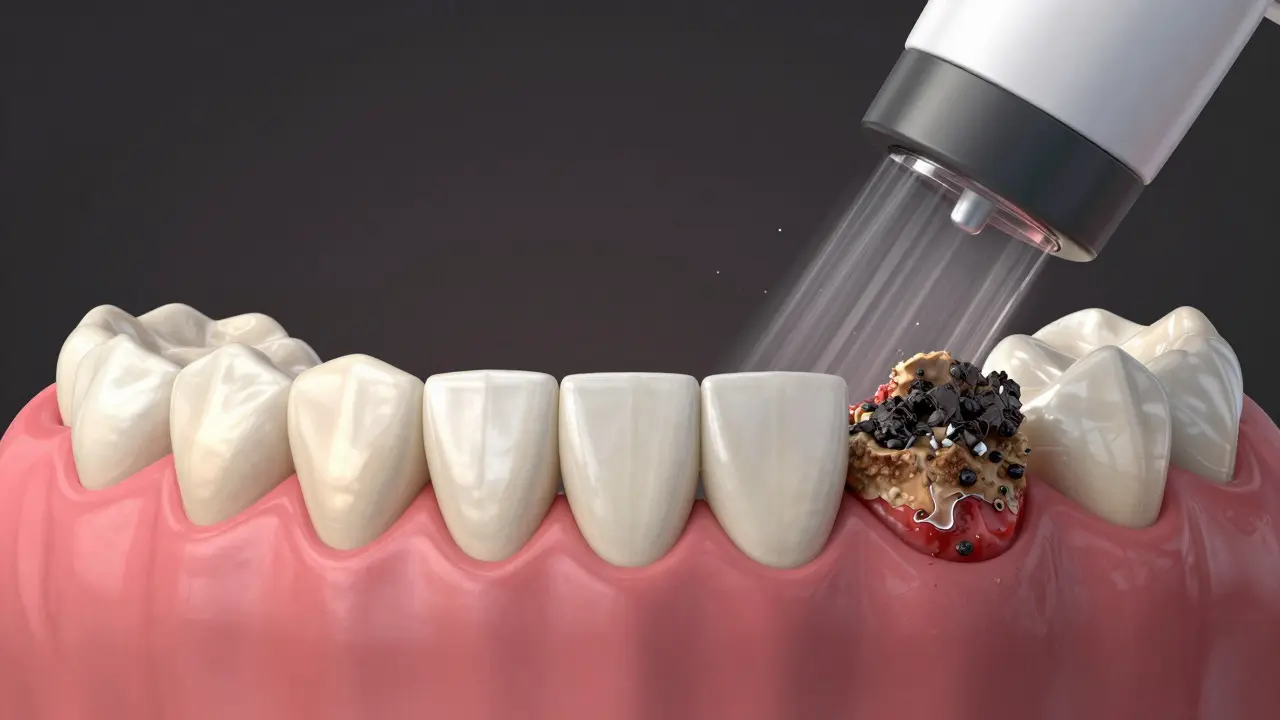 Kontrast zdravých a nemocných dásní a zubů s náznakem odstranění plaku technologií airflow.