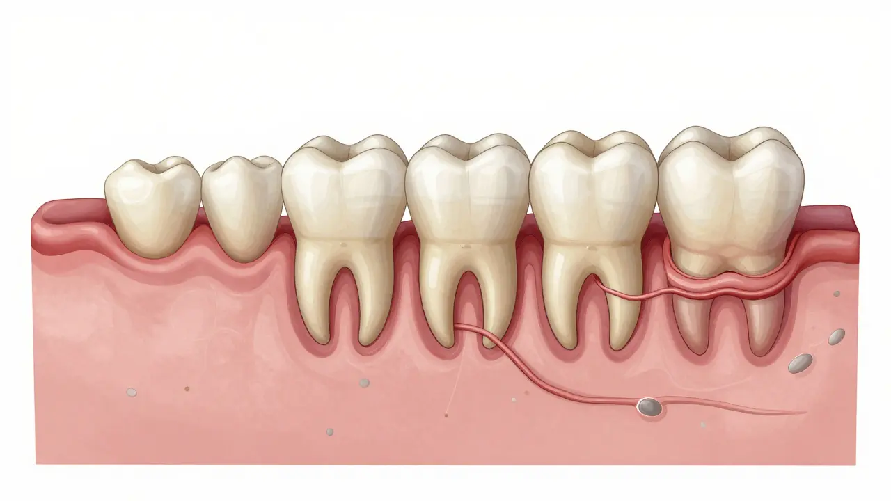Kostní destrukce pod dásněmi a volný zub v čelisti.