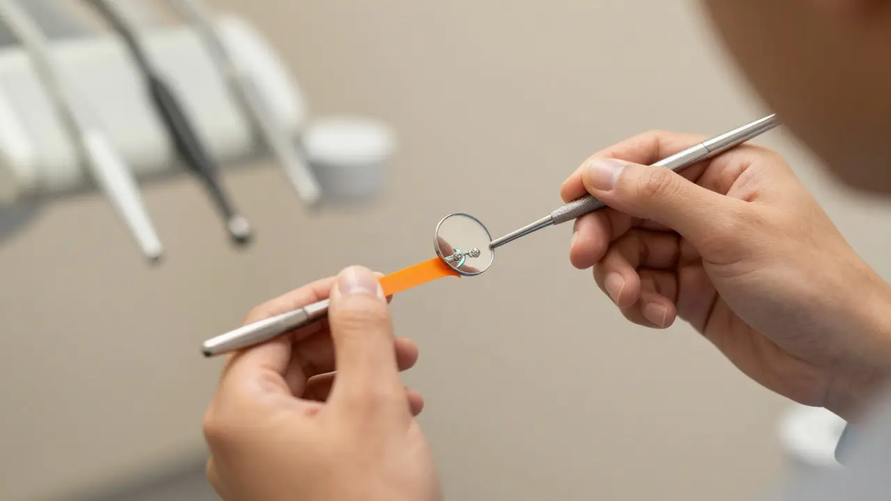 Osoba mění gumičky na rovnátka v zrcadle v klinice.