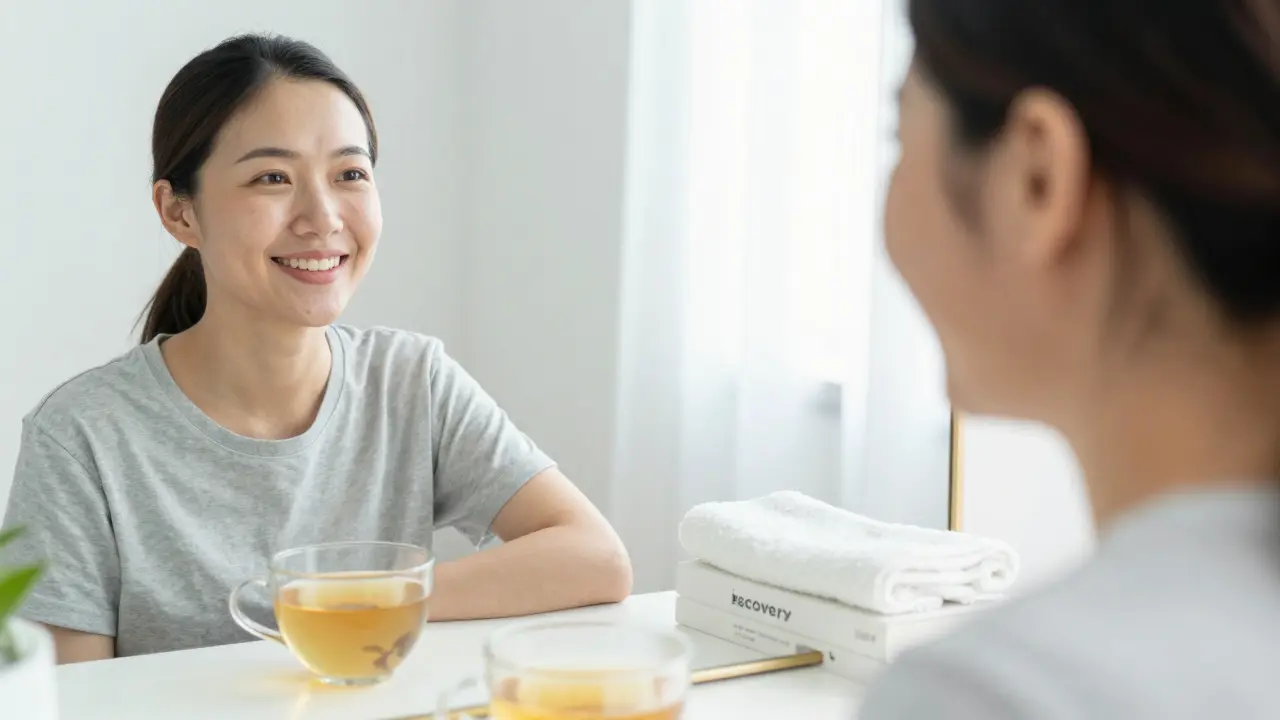 Pacient se dívá do zrcadla po operaci, v obličeji jemné změny a úleva.