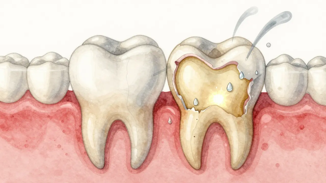 Porovnání zdravého a poškozeného zubu s expozicí dentinu a příznaky erózie