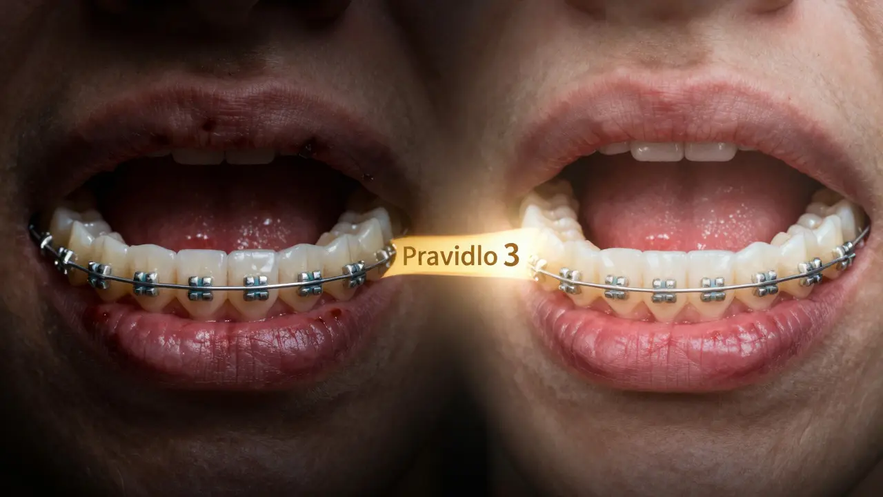 Porovnání zdravých a poškozených keramických rovnátek v důsledku různé péče.