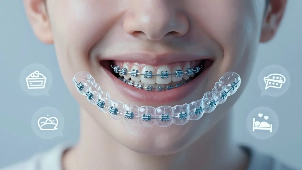 Přehledný grafický porovnání klasických a neviditelných rovnátek na překrytém snímku čelisti.