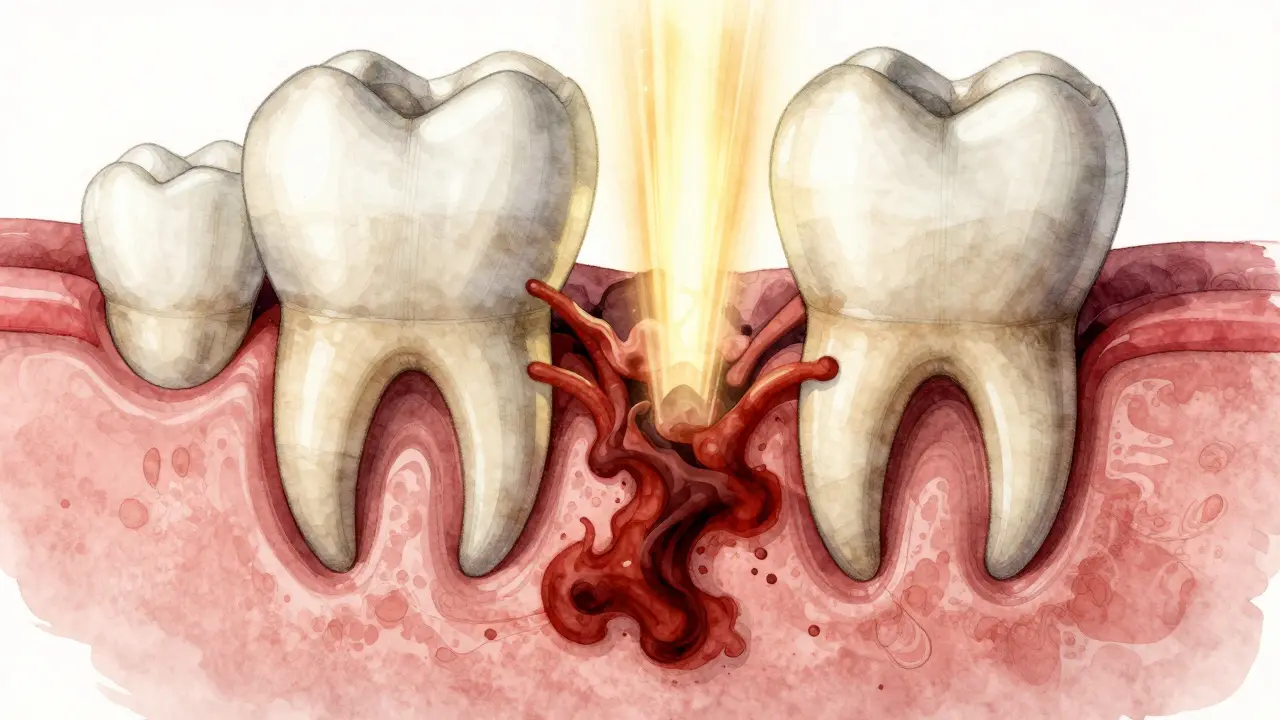 Příčný řez čelistí ukazující ničení kosti a vazivových tkání bakteriemi pod dásněmi.