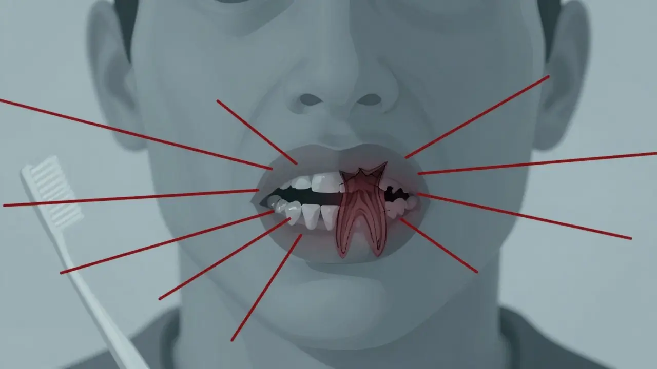 Rentgenový obrázek předního zubu s viditelným rozšířením kazů do kořene.