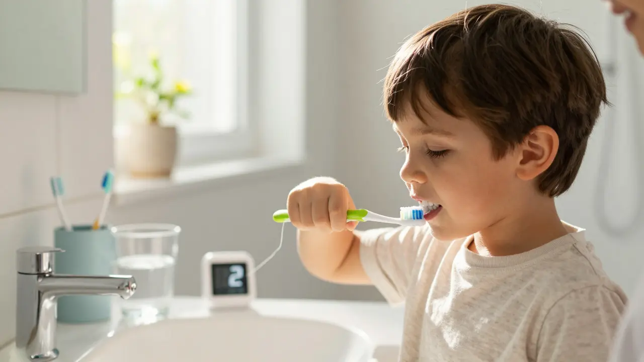 Rodič čistí zuby dítěti pomocí měkkého kartáčku a fluoridové pasty.