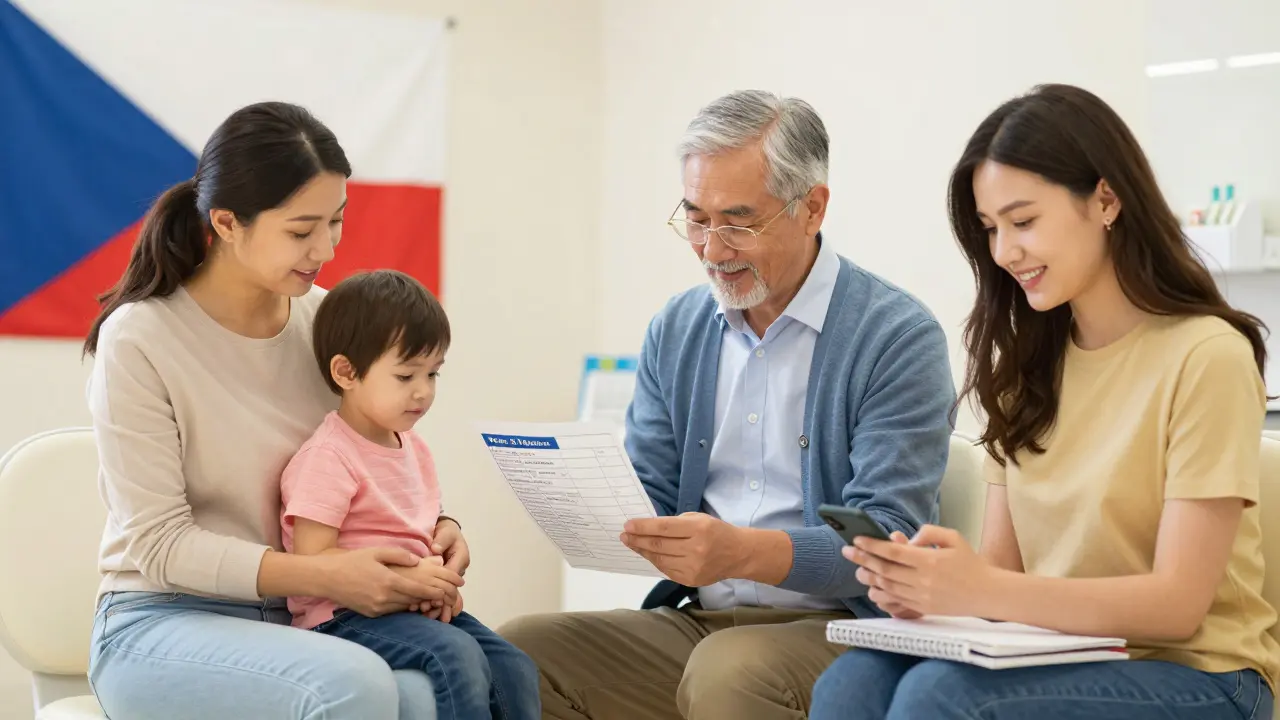 Rodina čeká na návštěvu u zubaře, matka drží dítě za ruku, zákazníci si prohlížejí informace o bezplatných službách.