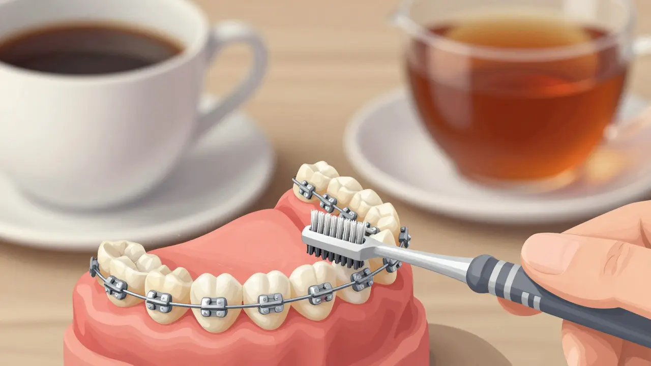 Ruka čistí mezizubní kartáčkem mezery kolem keramických rovnátek.