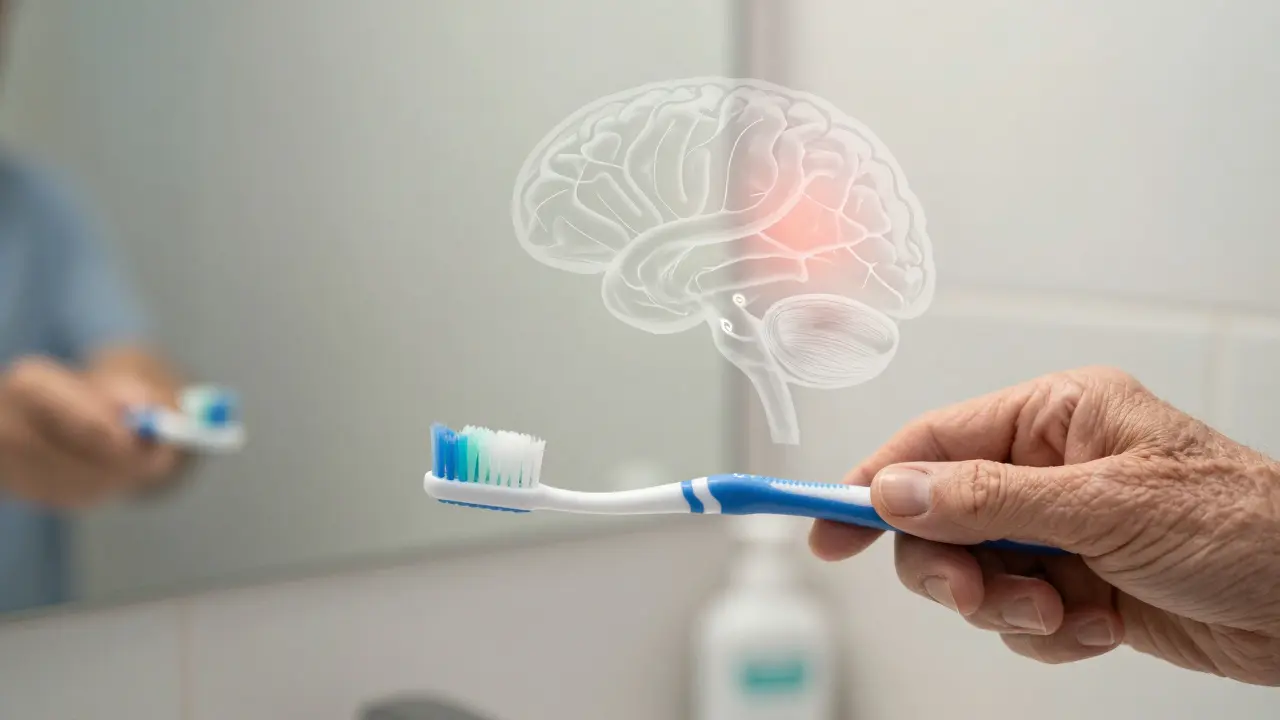 Ruka drží kartáček, s propojením mezi ústní hygienou a demencí.