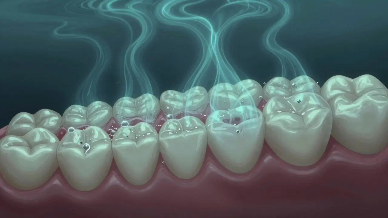 Ultrazvukové bublinky odstraňují zubní kámen a plak na povrchu zubů v abstraktní anatomické ilustraci.