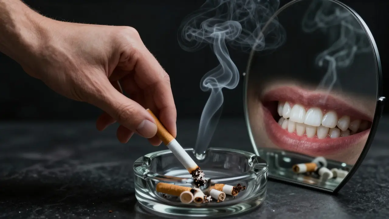 Vyhozená cigareta před znečištěním zubů po bělení