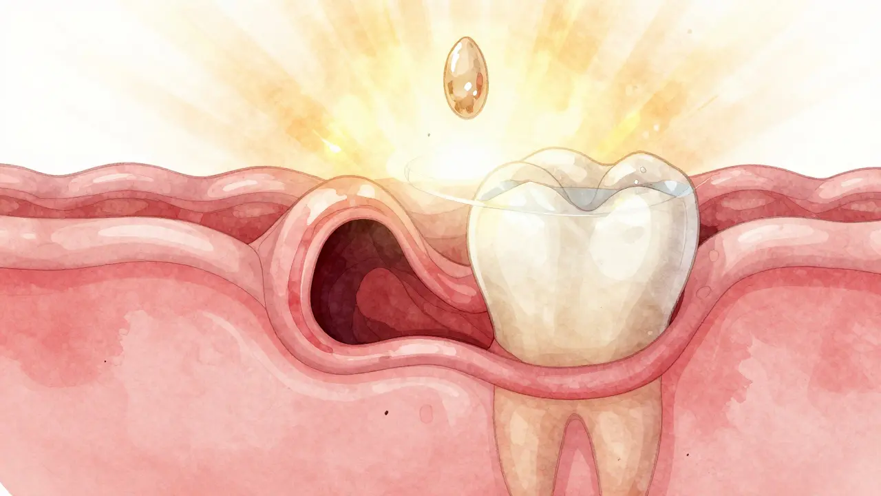 Zdravá krevní sraženina v dásni s jemným zlatým zářením, symbolizujícím přirozené hojení.
