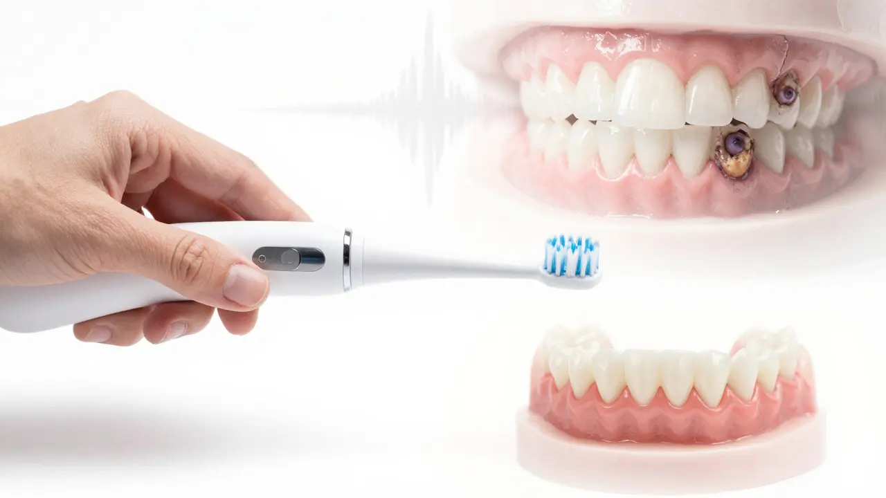 Zdravé zuby vedle ultrazvukového čističe s vlnami zvuku, symbolizující prevenci zubního kamene.