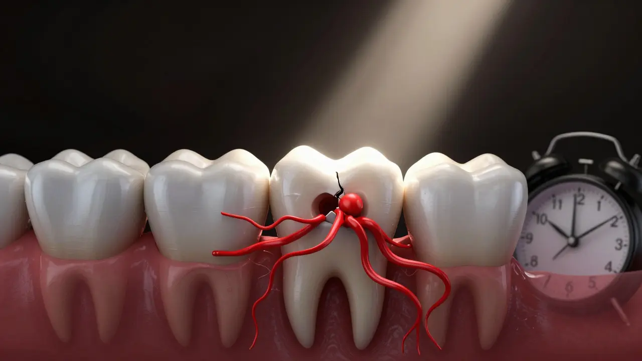 Zub s prasklou výplní a šířící se infekcí do čelisti, symbolizující nelečený zánět okostice.