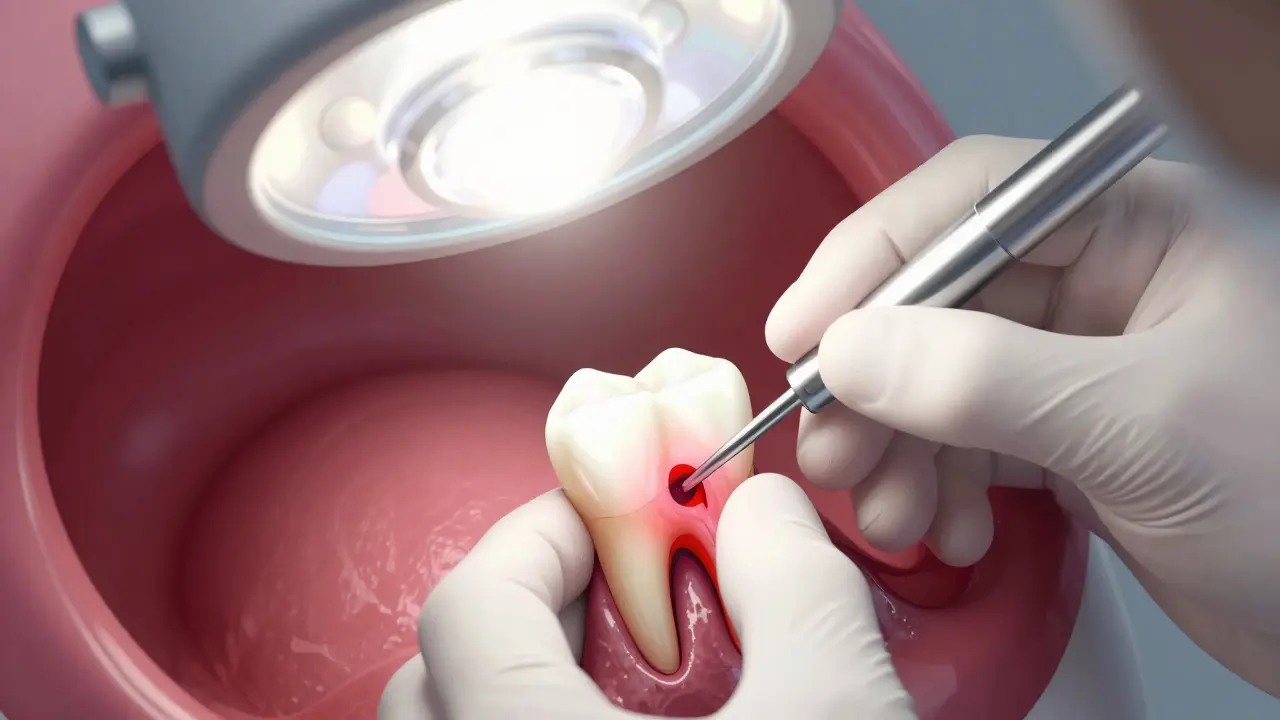 Zubař provádí léčbu kořenového kanálku u předního zubu s viditelným zánětem.