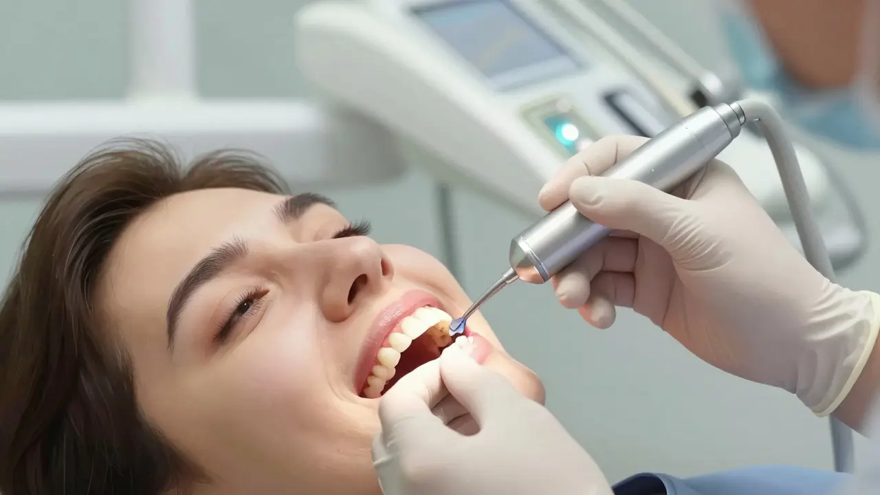 Zubní lékař čistí keramické fazety jemným práškem bez ultrazvuku.