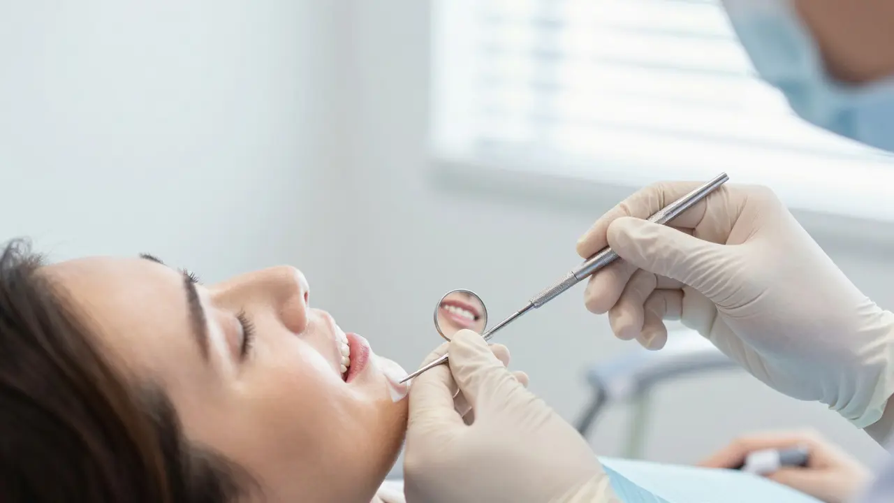 Zubní lékař jemně aplikuje gel na dásen, pacient se cítí v bezpečí a důvěře.