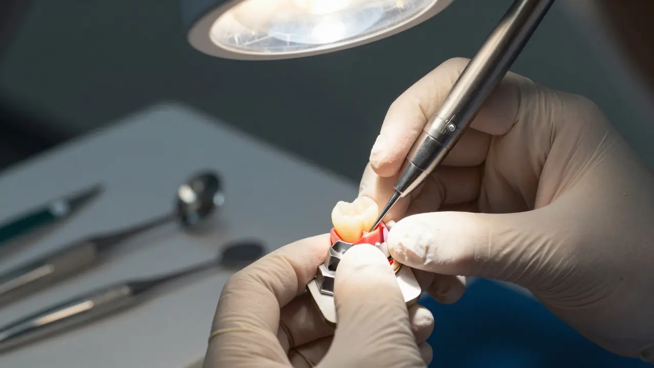 Zubní lékař připevňuje keramickou onlay na zub s viditelným zdravým dentinem