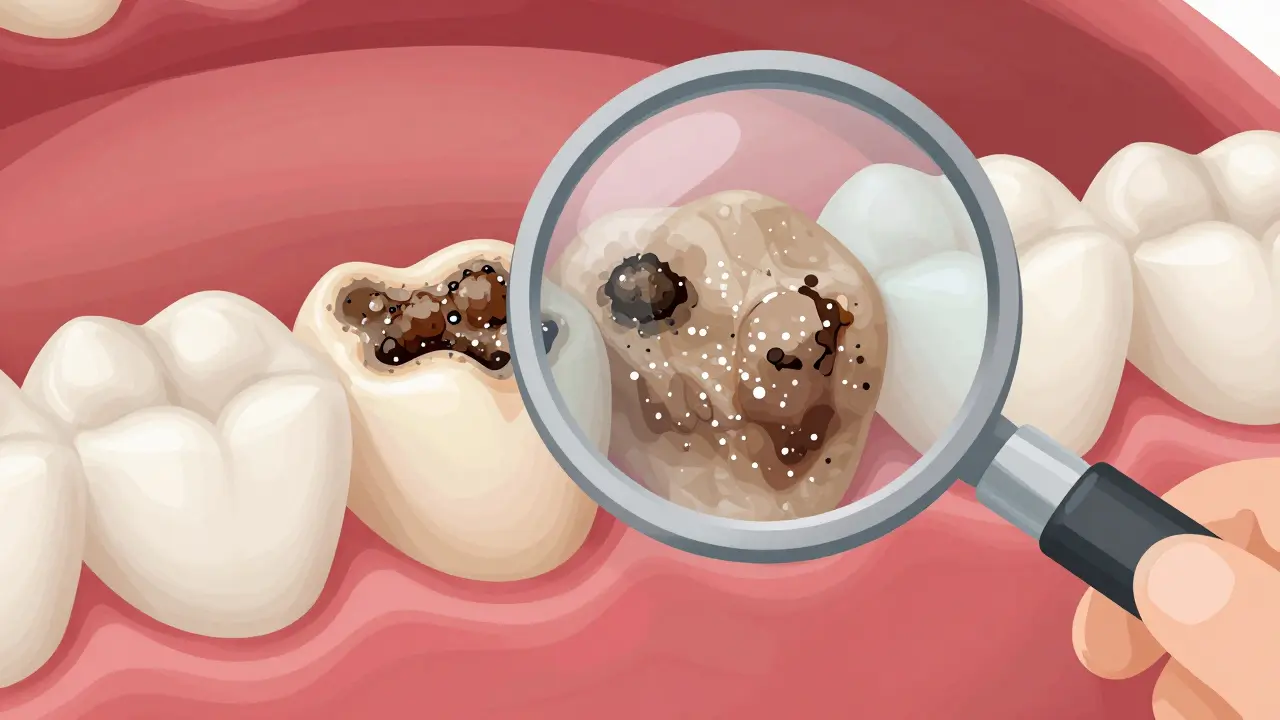 Zvětšený pohled na zub s nálepkem a minerály, které tvoří zubní kámen.