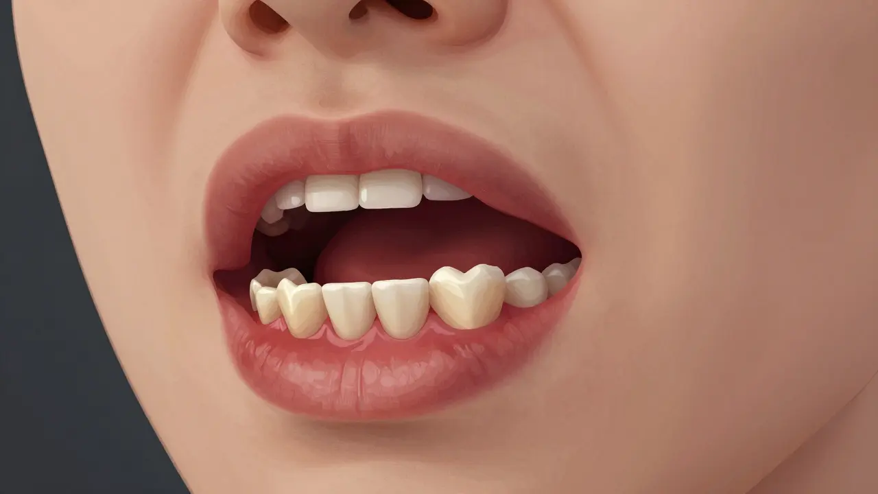 Částečně prořezávající se zub moudrosti s viditelným zánětem a otokem dásně.