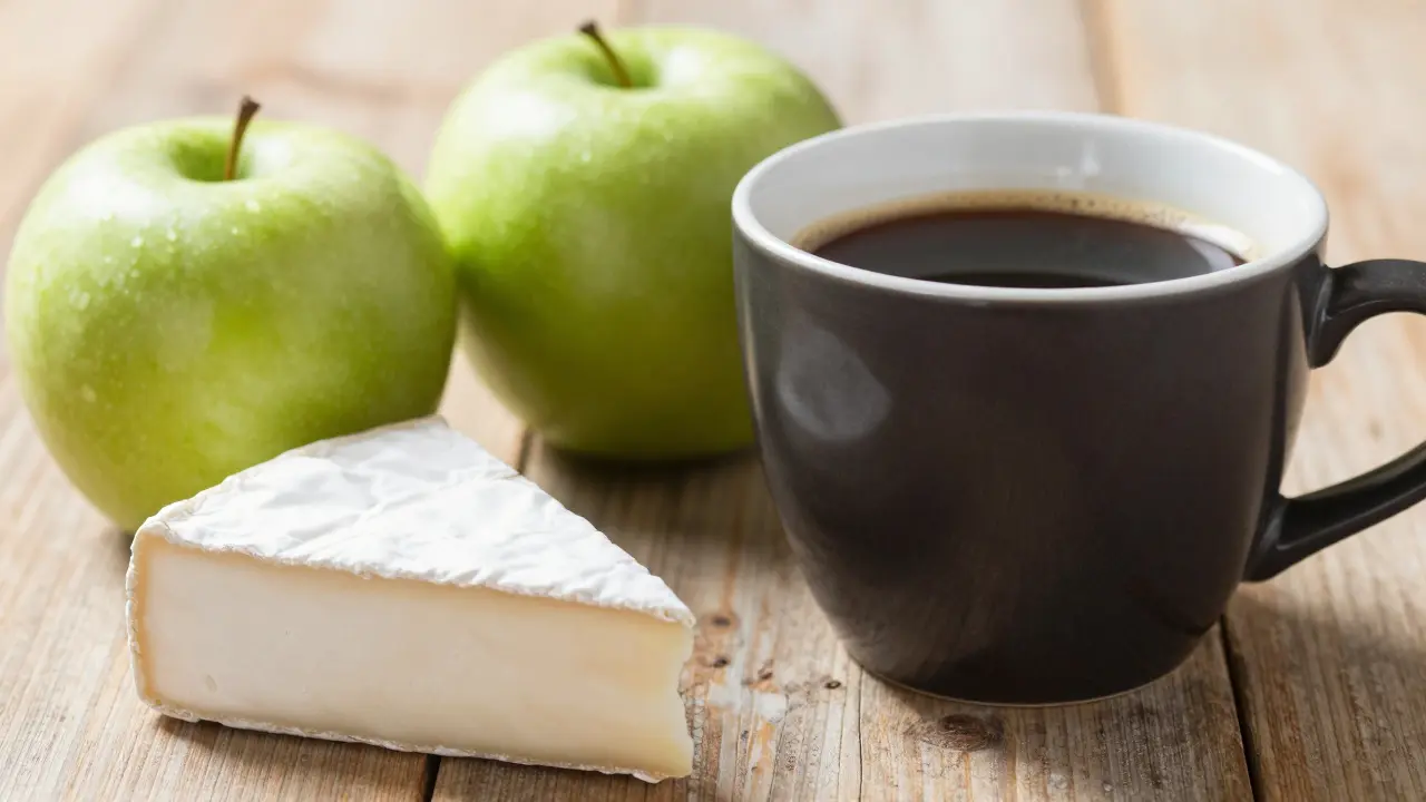Čerstvé jablko a sýr vedle šálku kávy na dřevěném stole.