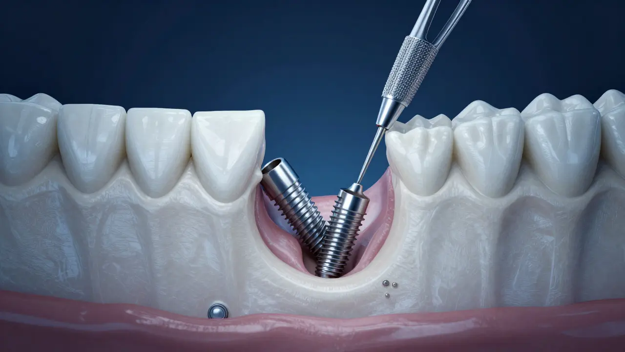 Chirurgický pohled na implantaci zasazenou do čelisti s integrací kosti.