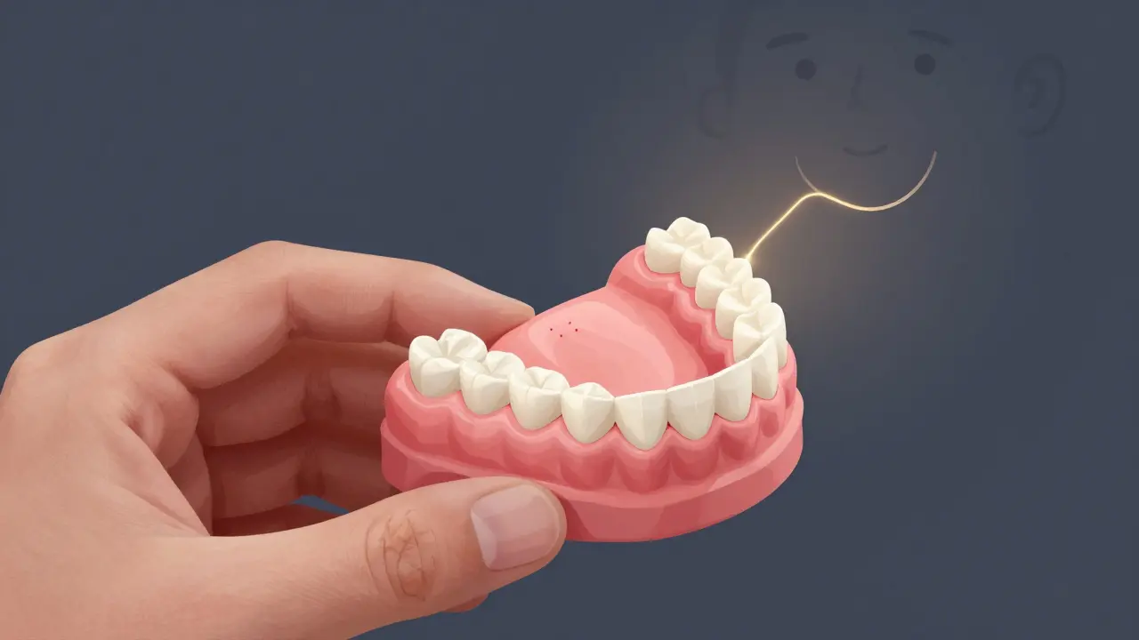 Dentalní protéza v ruce s viditelnými body tlaku na dásních, symbolizující přizpůsobení a léčbu.