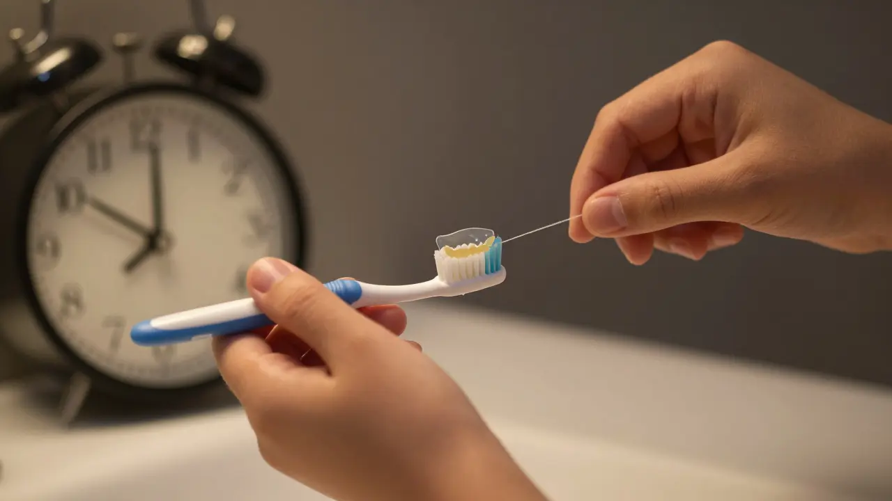 Dítě a dospělý společně čistí zuby večer pod teplým světlem.