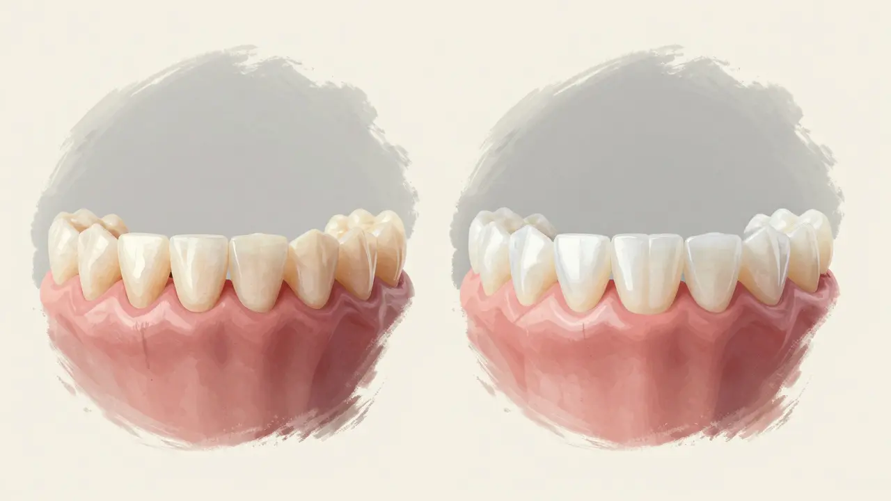 Dva bokem zobrazené zuby: jeden přirozený s nepravidelnostmi, druhý s tenkými fazetami, které vypadají jako sklovina.