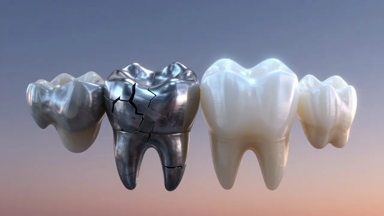 Dvě zuby vedle sebe: stará kovová náhrada a moderní keramická korunka s přirozeným leskem.