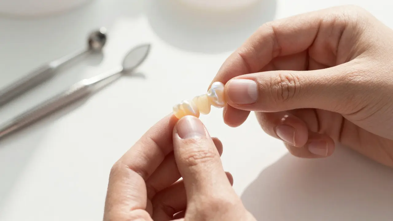 Jedna keramická fazeta světlem osvětlená, zdůrazňující její přirozenou průhlednost a jemnost.