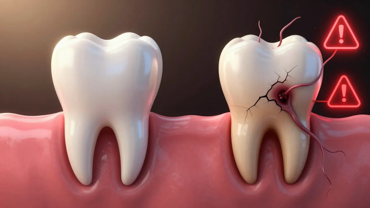 Konceptuální obrázek porovnávající zdravý růst zubu a zakousnutý zub moudrosti s příznaky infekce.