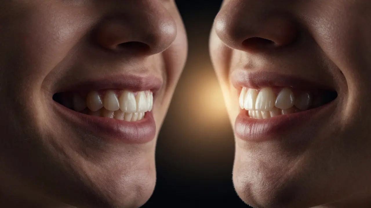 Kontrast před a po: poškozený zub a stejný zub po obnově keramickou korunkou při světle.