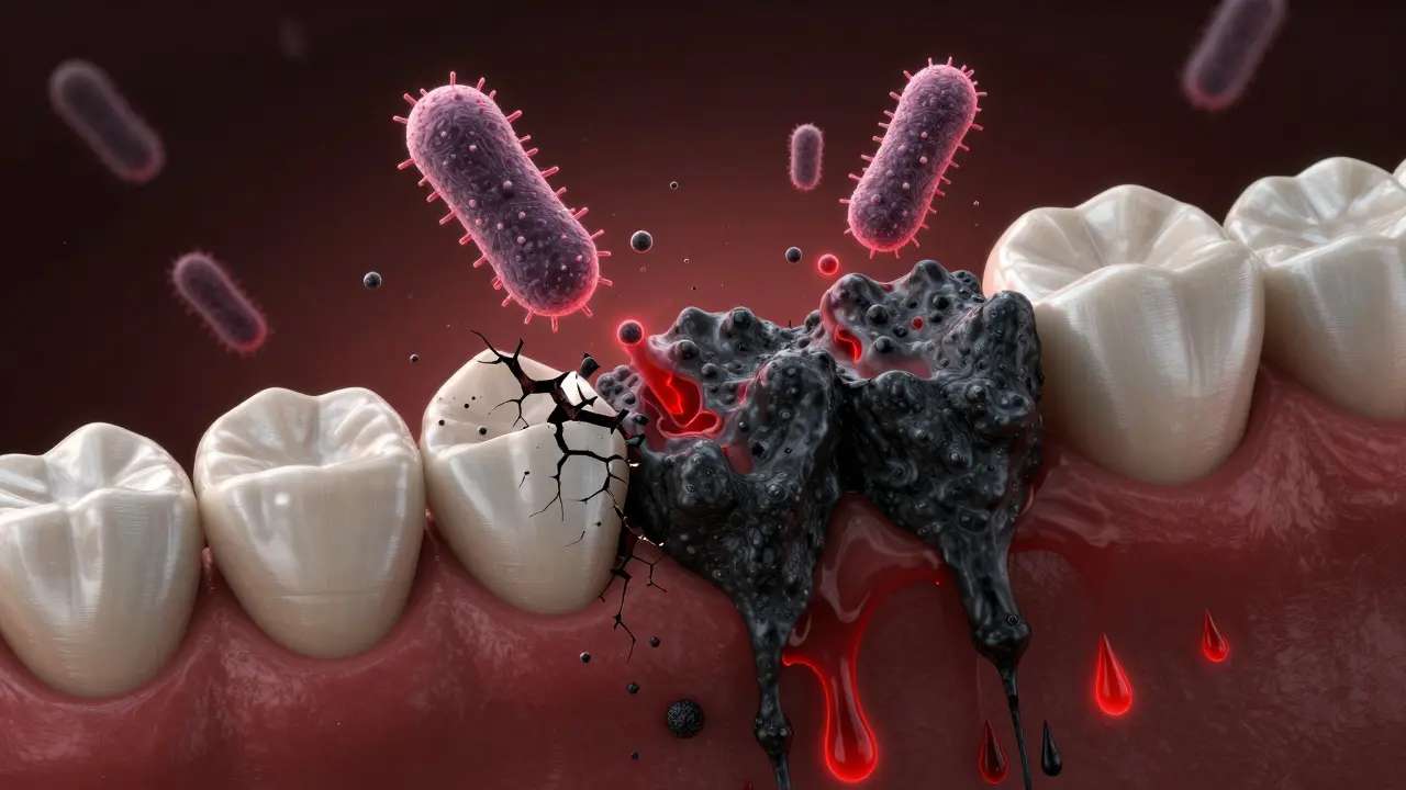 Konzentrovaný černý zubní kámen s mikroskopickými bakteriemi a kyselými proudy