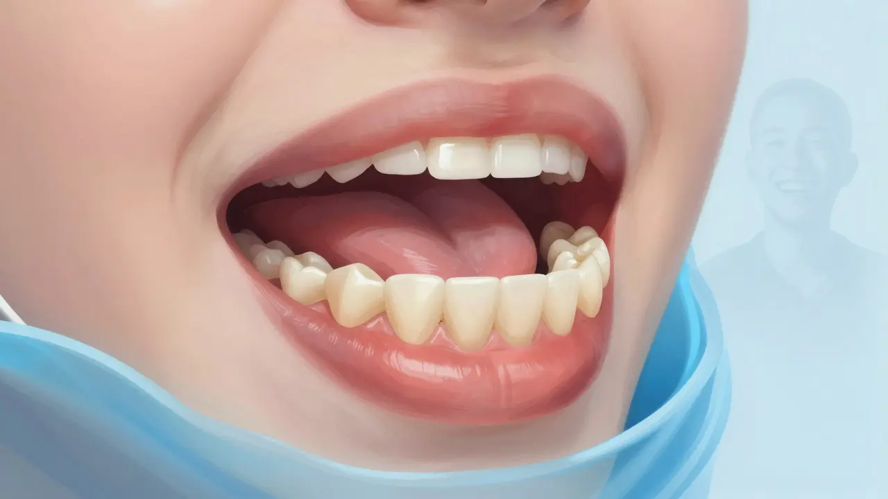 Křížový řez úst s umělými zuby a jazykem, který je jemně tlačí na místo, zatímco se v dálce objevuje smích.