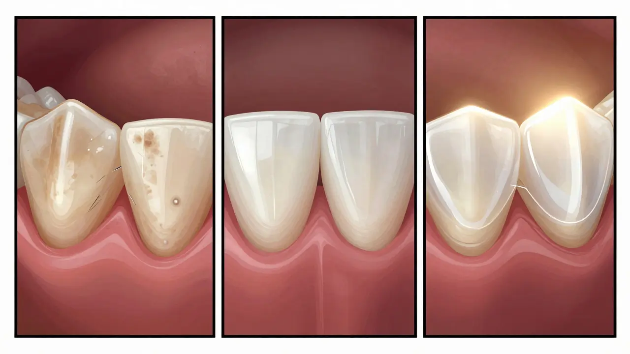 Krokový přehled transformace poškozeného zubu na dokonalou keramickou fazetu.