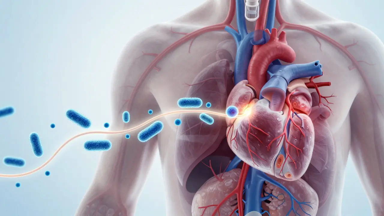 Lidské tělo s cestou bakterií z zánětlivých dásní do srdce a jiných orgánů.